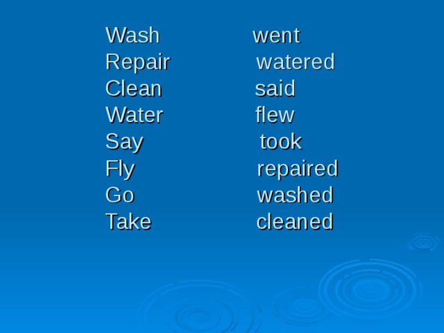 Wash went  Repair watered  Clean said  Water flew  Say took  Fly repaired  Go washed  Take cleaned