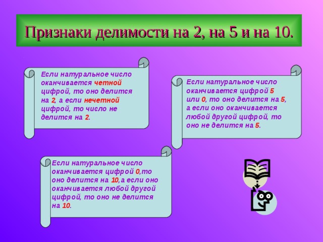 Признаки делимости на 2, на 5 и на 10. Если натуральное число оканчивается четной цифрой, то оно делится на 2 , а если нечетной цифрой, то число не делится на 2 . Если натуральное число оканчивается цифрой 5 или 0 , то оно делится на 5 , а если оно оканчивается любой другой цифрой, то оно не делится на 5 . Если натуральное число оканчивается цифрой 0 ,то оно делится на 10 ,а если оно оканчивается любой другой цифрой, то оно не делится на 10 . 