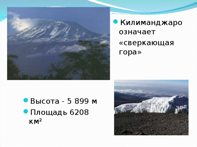 Килиманджаро означает  «сверкающая гора» Высота - 5 899 м Площадь 6208 км² 
