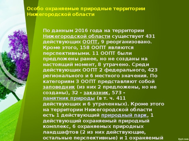 Особо охраняемые природные территории Нижегородской области По данным 2016 года на территории  Нижегородской области  существует 431 действующих  ООПТ , 9 реорганизовано. Кроме этого, 158 ООПТ являются перспективными. 11 ООПТ были предложены ранее, но не созданы на настоящий момент, 8 утрачено. Среди действующих ООПТ 2 федерального, 423 регионального и 6 местного значения. По категориям 3 ООПТ представляют собой  заповедник  (из них 2 предложены, но не созданы), 32 -  заказник , 573 -  памятник природы  (в т. ч. 411 действующих и 6 утраченных). Кроме этого на территории Нижегородской области есть 1 действующий  природный парк , 1 действующий охраняемый природный комплекс, 6 охраняемых природных ландшафтов (2 из них действующие, остальные перспективные) и 1 охраняемый объект городского природного комплекса (перспективный). 
