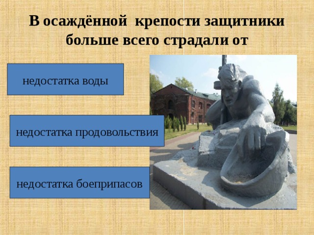 В осаждённой крепости защитники больше всего страдали от недостатка воды недостатка продовольствия недостатка боеприпасов 