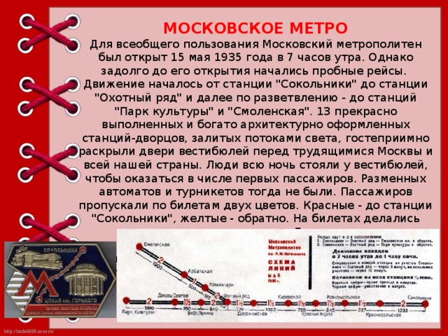 МОСКОВСКОЕ МЕТРО Для всеобщего пользования Московский метрополитен был открыт 15 мая 1935 года в 7 часов утра. Однако задолго до его открытия начались пробные рейсы. Движение началось от станции 