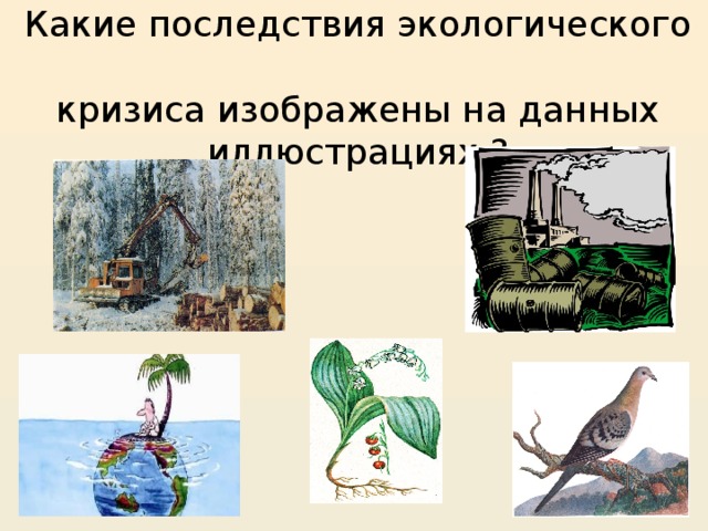 Какие последствия экологического  кризиса изображены на данных иллюстрациях ? 