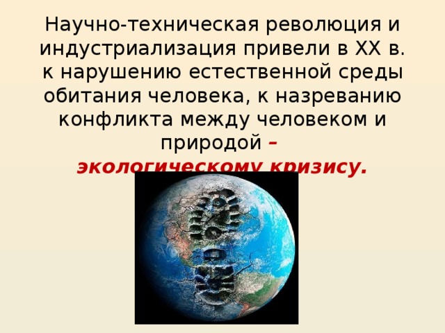 Научно-техническая революция и индустриализация привели в XX в. к нарушению естественной среды обитания человека, к назреванию конфликта между человеком и природой – экологическому кризису. 