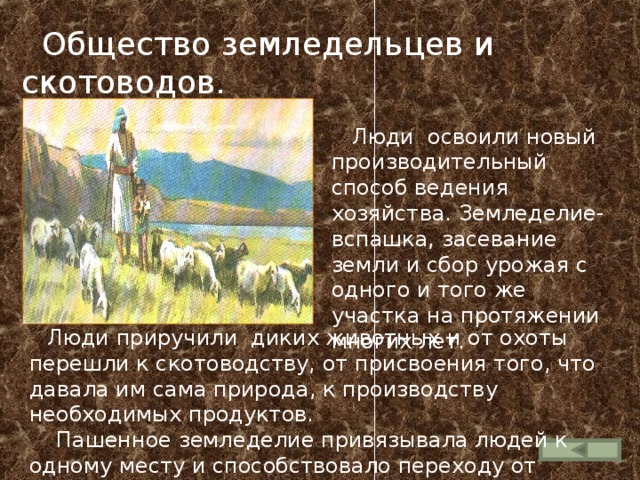  Общество земледельцев и скотоводов.  Люди освоили новый производительный способ ведения хозяйства. Земледелие- вспашка, засевание земли и сбор урожая с одного и того же участка на протяжении многих лет.  Люди приручили диких животных и от охоты перешли к скотоводству, от присвоения того, что давала им сама природа, к производству необходимых продуктов.  Пашенное земледелие привязывала людей к одному месту и способствовало переходу от кочевого к оседлому образу жизни. 