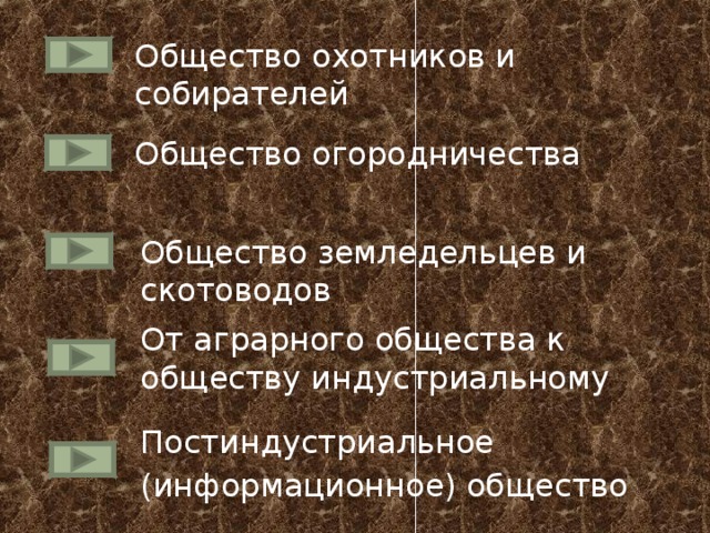 Общество охотников и собирателей Общество огородничества Общество земледельцев и скотоводов От аграрного общества к обществу индустриальному Постиндустриальное (информационное) общество 