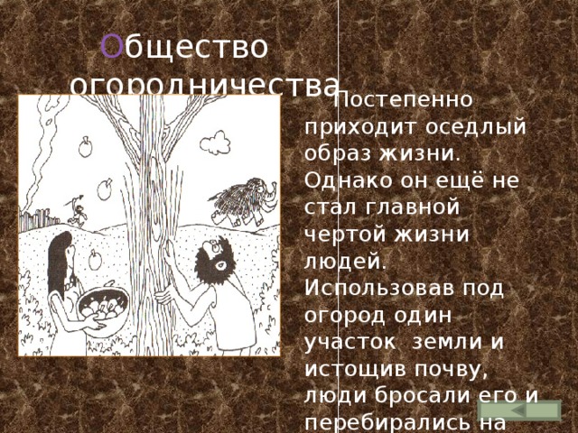 О бщество огородничества  Постепенно приходит оседлый образ жизни. Однако он ещё не стал главной чертой жизни людей. Использовав под огород один участок земли и истощив почву, люди бросали его и перебирались на новый. 