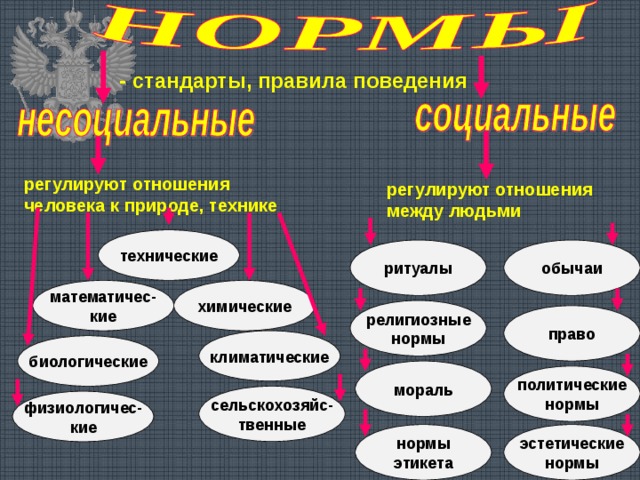  - стандарты, правила поведения регулируют отношения человека к природе, технике регулируют отношения между людьми технические обычаи ритуалы математичес- кие химические религиозные нормы право климатические биологические мораль политические нормы сельскохозяйс- твенные физиологичес- кие эстетические нормы нормы этикета 
