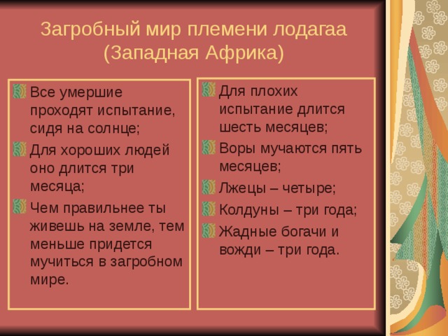 Загробный мир племени лодагаа (Западная Африка) Для плохих испытание длится шесть месяцев; Воры мучаются пять месяцев; Лжецы – четыре; Колдуны – три года; Жадные богачи и вожди – три года. Все умершие проходят испытание, сидя на солнце; Для хороших людей оно длится три месяца; Чем правильнее ты живешь на земле, тем меньше придется мучиться в загробном мире. 