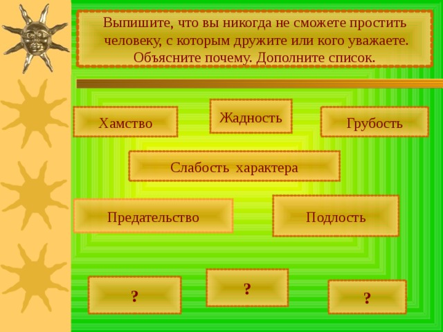Выпишите, что вы никогда не сможете простить  человеку, с которым дружите или кого уважаете. Объясните почему. Дополните список. Жадность Хамство Грубость Слабость характера Подлость Предательство ? ? ? 