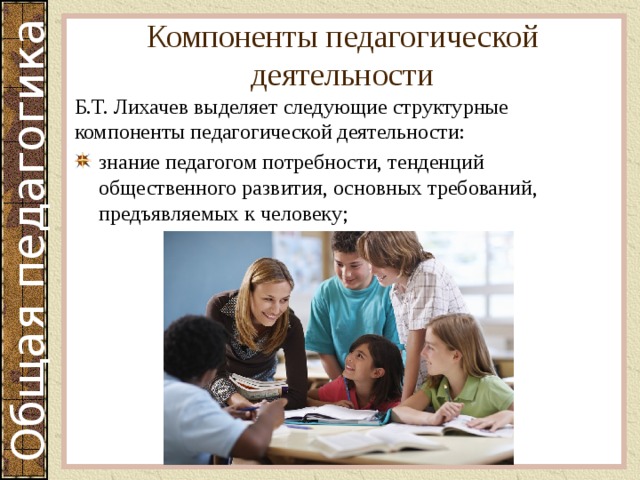 Компоненты педагогической деятельности Б.Т. Лихачев выделяет следующие структурные компоненты педагогической деятельности: знание педагогом потребности, тенденций общественного развития, основных требований, предъявляемых к человеку; 