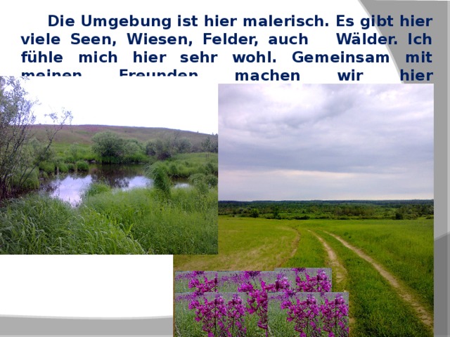  Die Umgebung ist hier malerisch. Es gibt hier viele Seen, Wiesen, Felder, auch Wälder. Ich fühle mich hier sehr wohl. Gemeinsam mit meinen Freunden machen wir hier Wanderungen. 