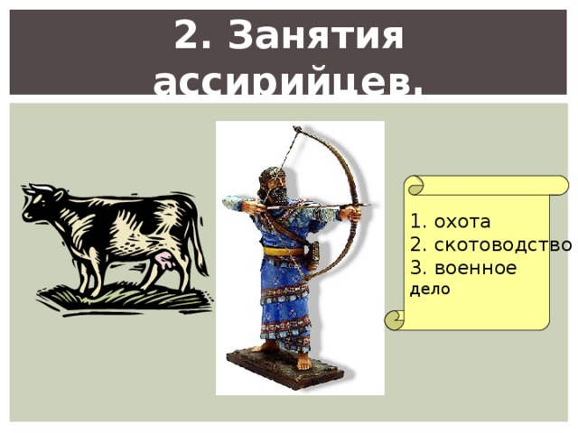 2. Занятия ассирийцев. 1. охота 2. скотоводство 3. военное дело 