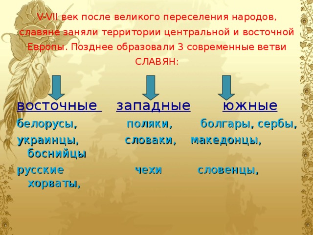 V-VII век после великого переселения народов, славяне заняли территории центральной и восточной Европы. Позднее образовали 3 современные ветви СЛАВЯН: восточные  западные  южные белорусы, поляки, болгары, сербы, украинцы, словаки, македонцы, боснийцы русские чехи словенцы, хорваты,  