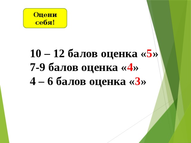 Оцени себя! 10 – 12 балов оценка « 5 » 7-9 балов оценка « 4 » 4 – 6 балов оценка « 3 »