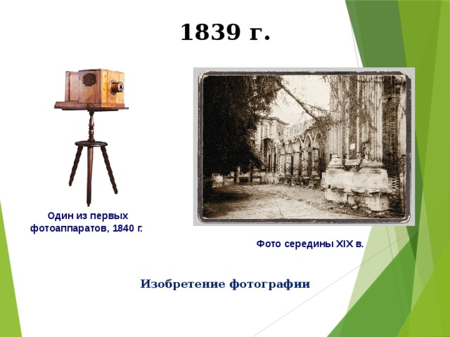 1839 г.  Один из первых фотоаппаратов, 1840 г. Фото середины XIX в. Изобретение фотографии