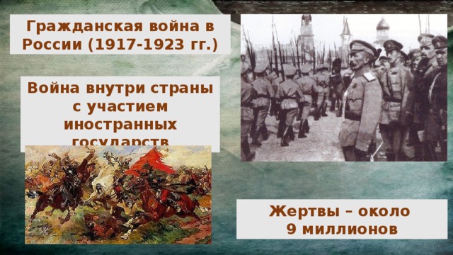 Гражданская война в России (1917-1923 гг.) Война внутри страны с участием иностранных государств Жертвы – около 9 миллионов 