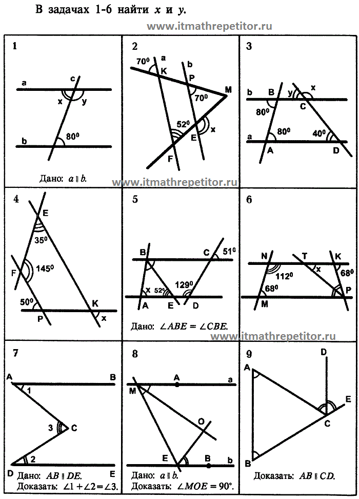 Признаки параллельности прямых 7 класс задачи на готовых чертежах