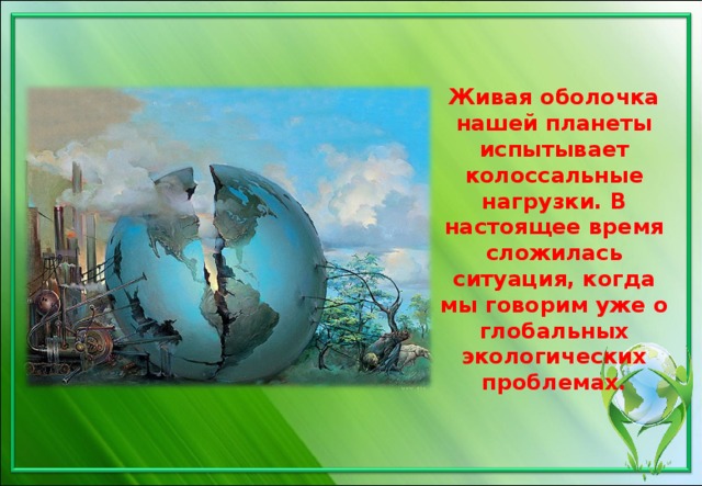 Живая оболочка нашей планеты испытывает колоссальные нагрузки. В настоящее время сложилась ситуация, когда мы говорим уже о глобальных экологических проблемах. 