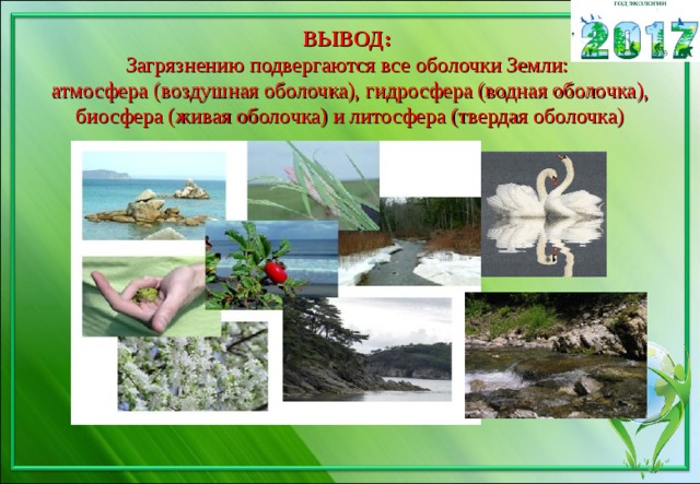 ВЫВОД:  Загрязнению подвергаются все оболочки Земли:  атмосфера (воздушная оболочка), гидросфера (водная оболочка), биосфера (живая оболочка) и литосфера (твердая оболочка) 