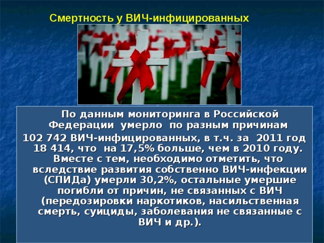 Смертность у ВИЧ-инфицированных  По данным мониторинга в Российской Федерации  умерло  по разным причинам 102 742 ВИЧ-инфицированных, в т.ч. за  2011 год 18 414, что  на 17,5% больше, чем в 2010 году.  Вместе с тем, необходимо отметить, что  вследствие развития собственно ВИЧ-инфекции (СПИДа) умерли 30,2%, остальные умершие погибли от причин, не связанных с ВИЧ (передозировки наркотиков, насильственная смерть, суициды, заболевания не связанные с ВИЧ и др.).  