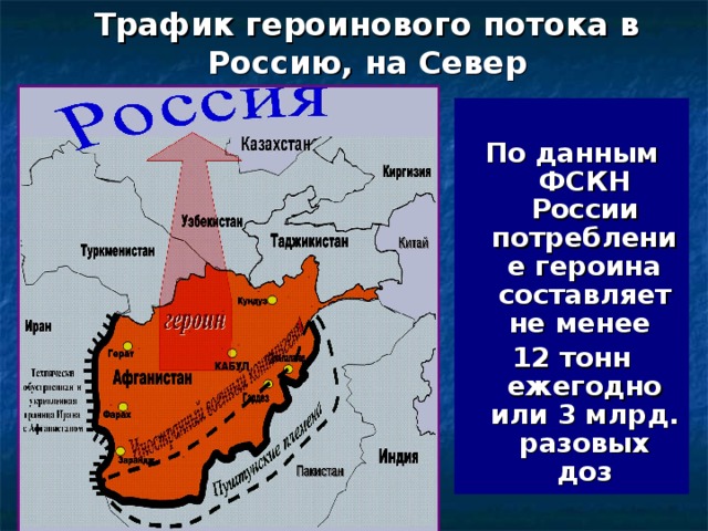 Трафик героинового потока в Россию, на Север  По данным ФСКН России потребление героина составляет не менее 12 тонн ежегодно или 3 млрд. разовых доз 