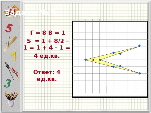 Задача № 5  Г = 8 В = 1  S = 1 + 8 / 2 – 1 = 1 + 4 – 1 = 4 ед.кв.  Ответ: 4 ед.кв. 