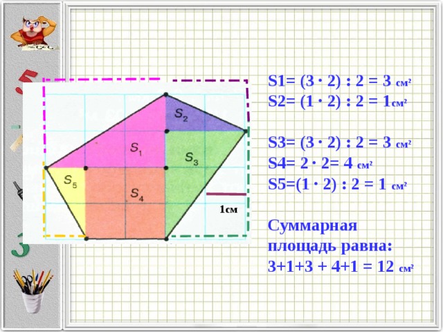 S1= (3 · 2) : 2 = 3 см² S2= (1 · 2) : 2 = 1 см²  S3= (3 · 2) : 2 = 3 см² S4= 2 · 2= 4  см² S 5=(1 · 2) : 2 = 1 см²  Суммарная площадь равна: 3+1+3 + 4+1 = 12 см²  1см 