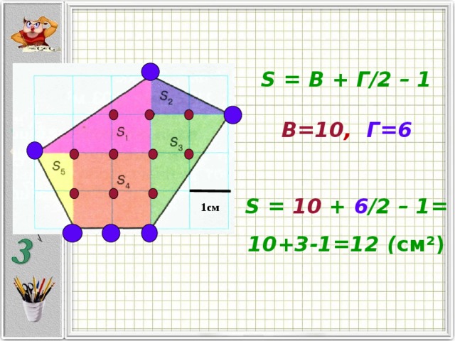 S = В + Г /2 – 1  В=10 , Г=6  S = 10  +  6 /2 – 1 = 10+3-1=12 ( см²)    1см 