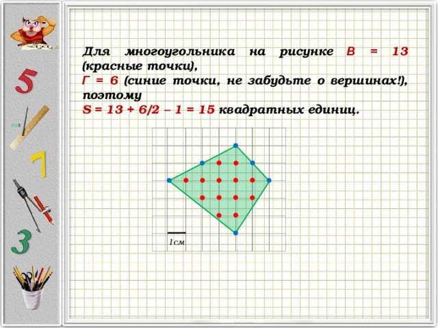  Для многоугольника на рисунке В = 1 3  (красные точки), Г = 6 (синие точки, не забудьте о вершинах!), поэтому S = 1 3 + 6 /2 – 1 = 1 5  квадратных единиц. 1см 