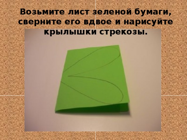 Возьмите лист зеленой бумаги, сверните его вдвое и нарисуйте крылышки стрекозы. 