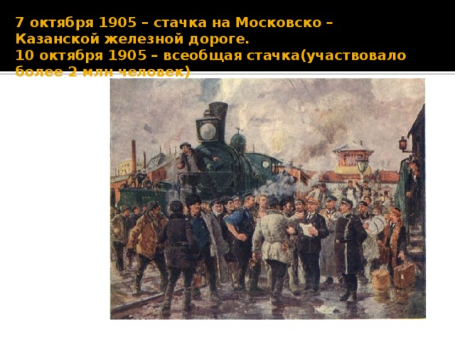 7 октября 1905 – стачка на Московско – Казанской железной дороге.  10 октября 1905 – всеобщая стачка(участвовало более 2 млн человек) 