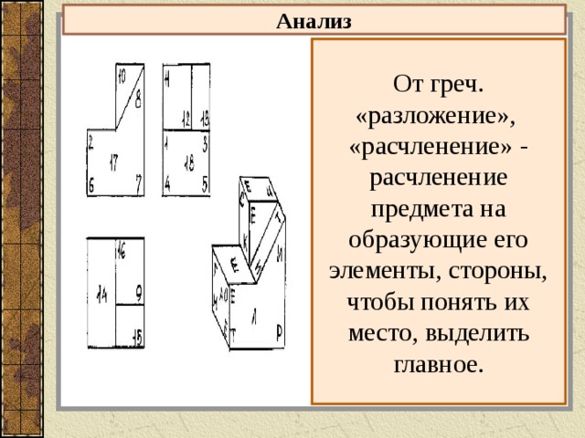 Анализ От греч. «разложение», «расчленение» - расчленение предмета на образующие его элементы, стороны, чтобы понять их место, выделить главное. 