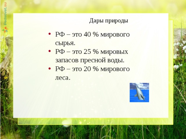  Дары природы РФ – это 40 % мирового сырья. РФ – это 25 % мировых запасов пресной воды. РФ – это 20 % мирового леса. 