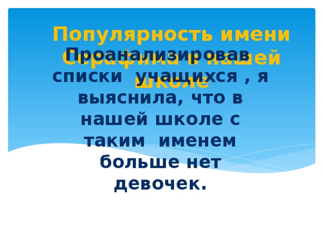 Популярность имени Серафима в нашей школе Проанализировав списки учащихся , я выяснила, что в нашей школе с таким именем больше нет девочек.