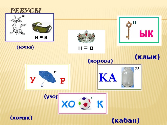Ребусы  (кочка)  (корова)  (узор)       (хомяк)  (клык) (кабан) 