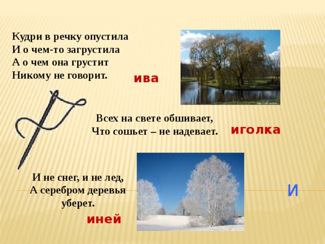 Кудри в речку опустила И о чем-то загрустила А о чем она грустит Никому не говорит. ива Всех на свете обшивает, Что сошьет – не надевает. иголка И не снег, и не лед, А серебром деревья уберет. И иней 