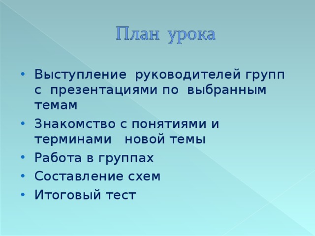 Выступление руководителей групп с презентациями по выбранным темам Знакомство с понятиями и терминами новой темы Работа в группах Составление схем Итоговый тест 