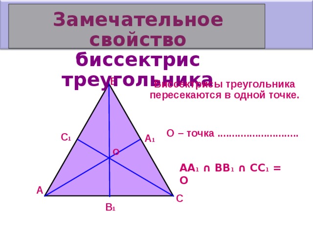 Замечательное свойство биссектрис треугольника В Биссектрисы треугольника пересекаются в одной точке. О – точка ............................ С 1 А 1 О АА 1 ∩ ВВ 1 ∩ СС 1 = О А С В 1  
