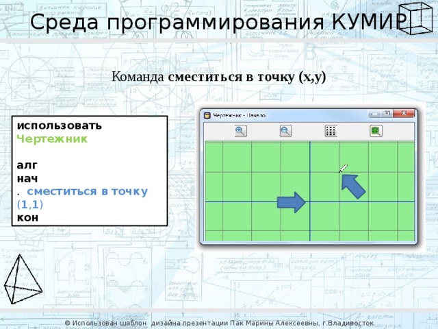 Среда программирования КУМИР Команда сместиться в точку (x,y) использовать  Чертежник   алг   нач  .  сместиться в точку ( 1 , 1 )  кон © Использован шаблон дизайна презентации Пак Марины Алексеевны, г.Владивосток 