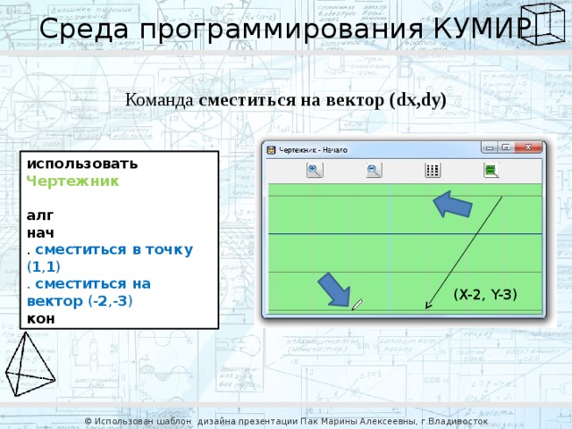 Среда программирования КУМИР Команда сместиться на вектор (dx,dy) использовать  Чертежник   алг   нач  . сместиться в точку ( 1 , 1 )  . сместиться на вектор (- 2 ,- 3 )  кон (X-2, Y-3) © Использован шаблон дизайна презентации Пак Марины Алексеевны, г.Владивосток 