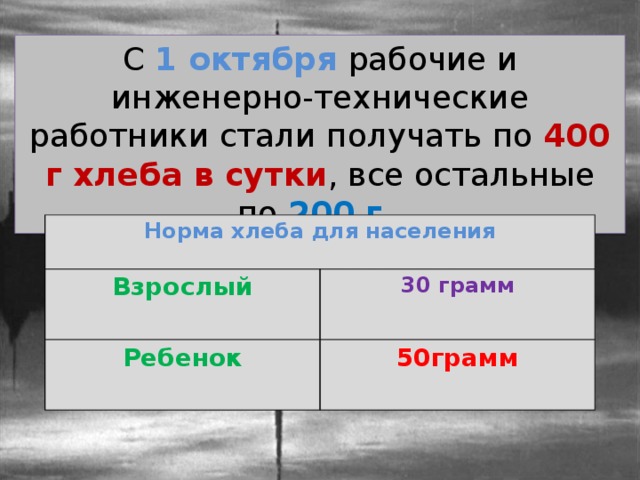 С 1 октября рабочие и инженерно-технические работники стали получать по 400 г хлеба в сутки , все остальные по 200 г . Норма хлеба для населения Взрослый Ребенок 30 грамм 50грамм 