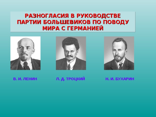 Кто из перечисленных политических деятелей. Разногласия в руководстве партии Большевиков. Брестский мир Ленин Троцкий Бухарин. Кто возглавлял партию Большевиков. Руководство большевистской партии.