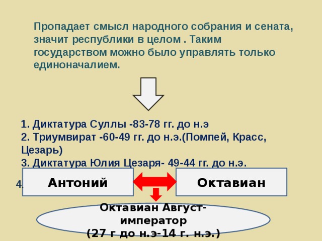 Пропадает смысл народного собрания и сената, значит республики в целом . Таким государством можно было управлять только единоначалием. 1. Диктатура Суллы -83-78 гг. до н.э 2. Триумвират -60-49 гг. до н.э.(Помпей, Красс, Цезарь) 3. Диктатура Юлия Цезаря- 49-44 гг. до н.э. Антоний Октавиан 4 . Октавиан Август-император (27 г до н.э-14 г. н.э.) 