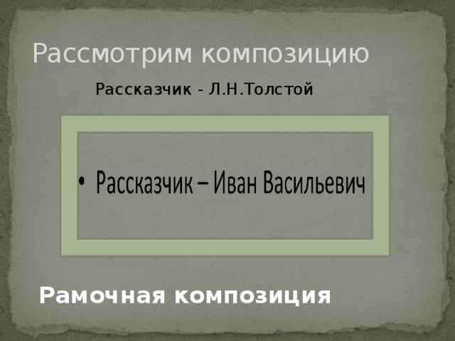 Рассмотрим композицию  Рассказчик - Л.Н.Толстой Рамочная композиция 
