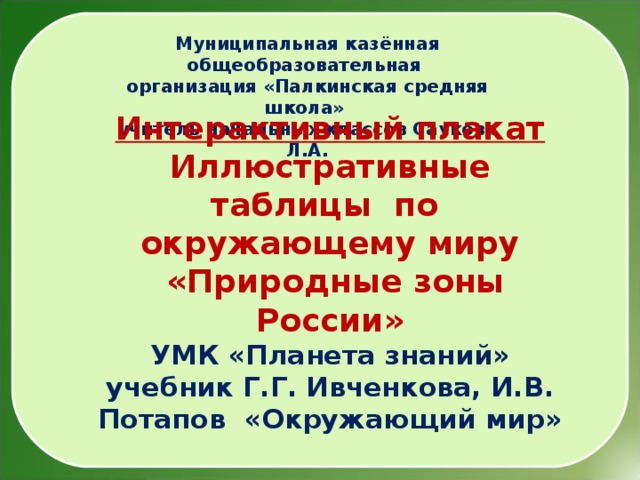  Муниципальная казённая общеобразовательная организация «Палкинская средняя школа» учитель начальных классов Саукова Л.А. Интерактивный плакат Иллюстративные таблицы по окружающему миру  «Природные зоны России» УМК «Планета знаний» учебник Г.Г. Ивченкова, И.В. Потапов «Окружающий мир»   2017 год  