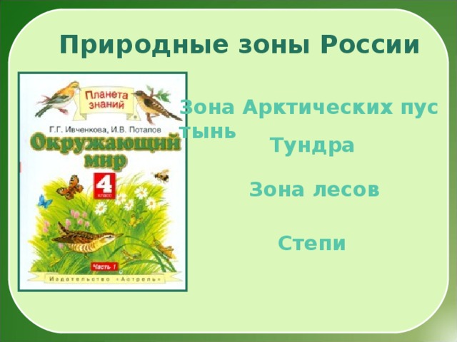   Природные зоны России  Зона Арктических пустынь  Тундра  Зона лесов  Степи  