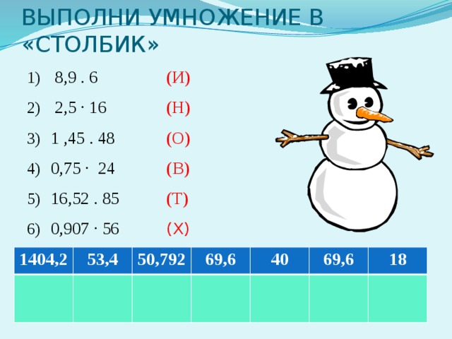 ВЫПОЛНИ УМНОЖЕНИЕ В «СТОЛБИК»  8,9 . 6 (И)  2,5 · 16 (Н) 1 ,45 . 48 (О) 0,75 · 24 (В) 16,52 .  85 (Т) 0,907 · 56 (Х) 1404,2 53,4 50,792 69,6 40 69,6 18 