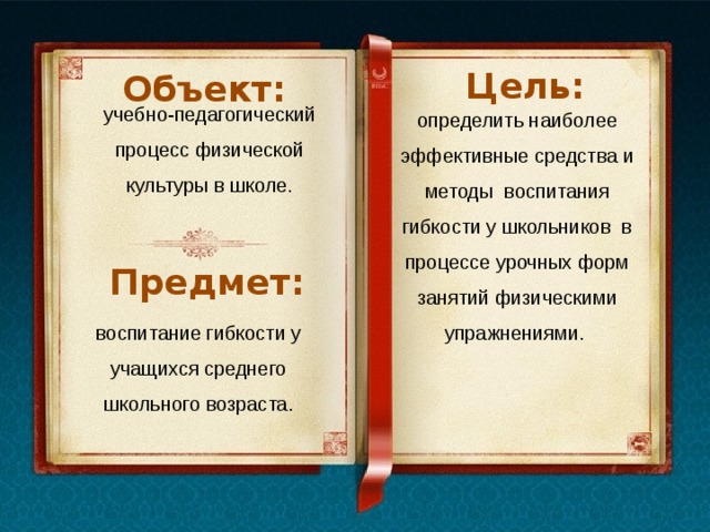 Объект: Цель: учебно-педагогический процесс физической культуры в школе. определить наиболее эффективные средства и методы воспитания гибкости у школьников в процессе урочных форм занятий физическими упражнениями. Предмет: воспитание гибкости у учащихся среднего школьного возраста.