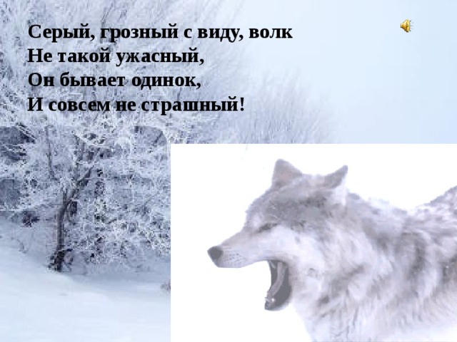 Серый, грозный с виду, волк  Не такой ужасный,  Он бывает одинок,  И совсем не страшный! 